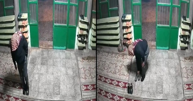 Namaz kılan cemaatin ayakkabılarını çalan hırsız kameraya yakalandı