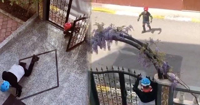 Sokakta paten denemesi yapan iki çocuk, polis aracından gelen siren sesini duyunca hızla kaçtı