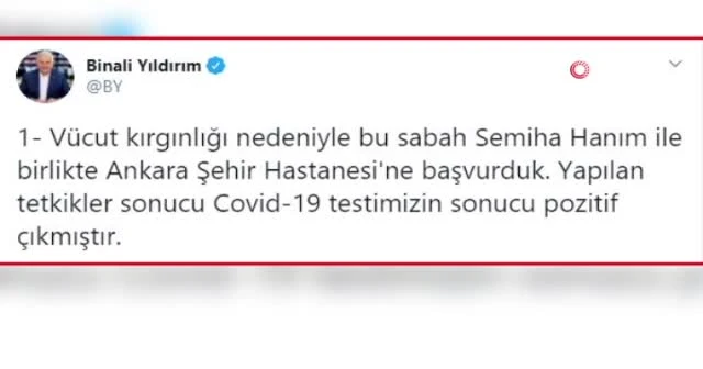 Binali Yıldırım ve eşi Semiha Yıldırım’ın tedavileri evde devam edecek