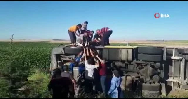 Tır tarlaya devrildi, sürücünün kurtarılma anı kameraya yansıdı