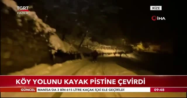 Köy yolunu kayak pistine çevirdi