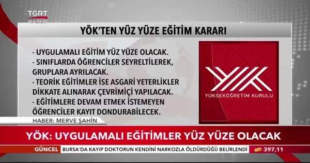 YÖK: Uygulamalı eğitimler yüz yüze olacak