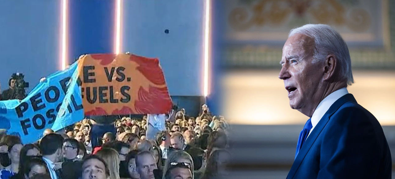 ABD Başkanı Joe Biden'ın konuşmasında protesto: Önce bir çığlık duyuldu ardından pankart açıldı