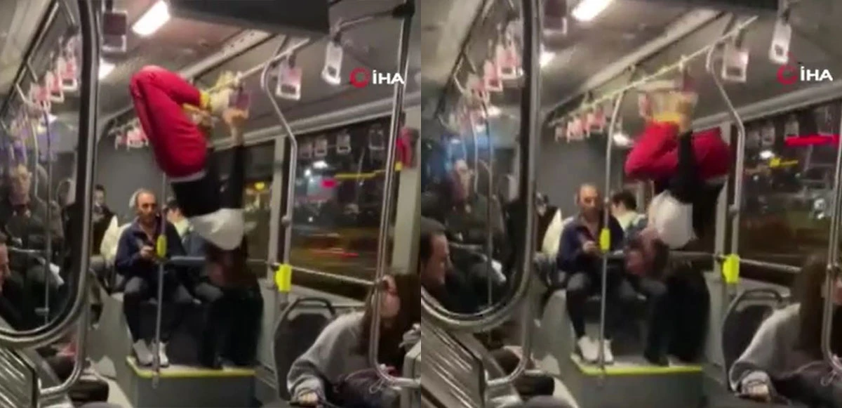 Metrobüste akrobasi şov: Direklere tutunup dans etti, yolcular şaşkına döndü