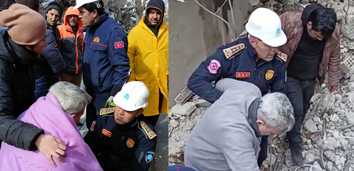 İtfaiye eri enkazdan kurtarılan yaşlı adama kendi botlarını giydirdi