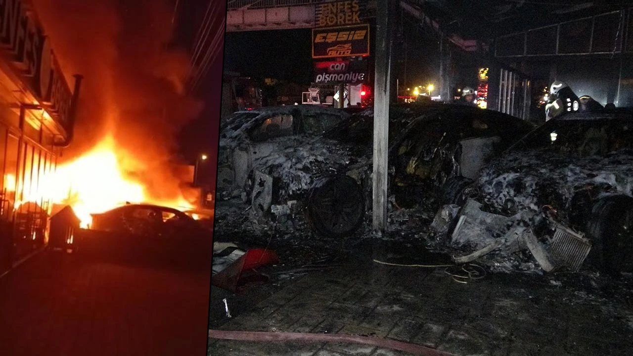 Önce kurşunlanan oto galeride şimdi de yangın çıktı! Lüks otomobiller küle döndü!