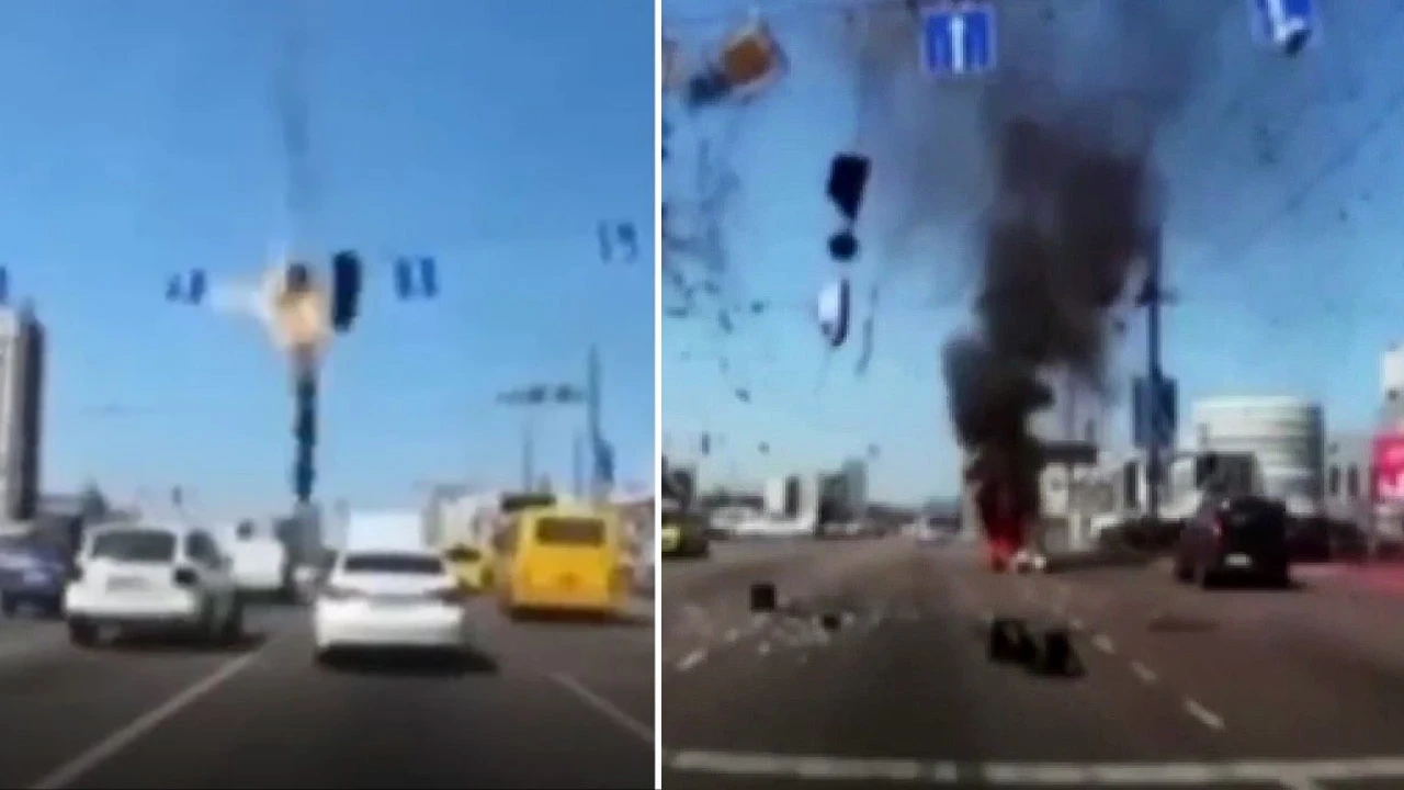 Rusya fırlattı Kiev'de seyir halindeki araçların yoluna füze düştü! İşte o anlar