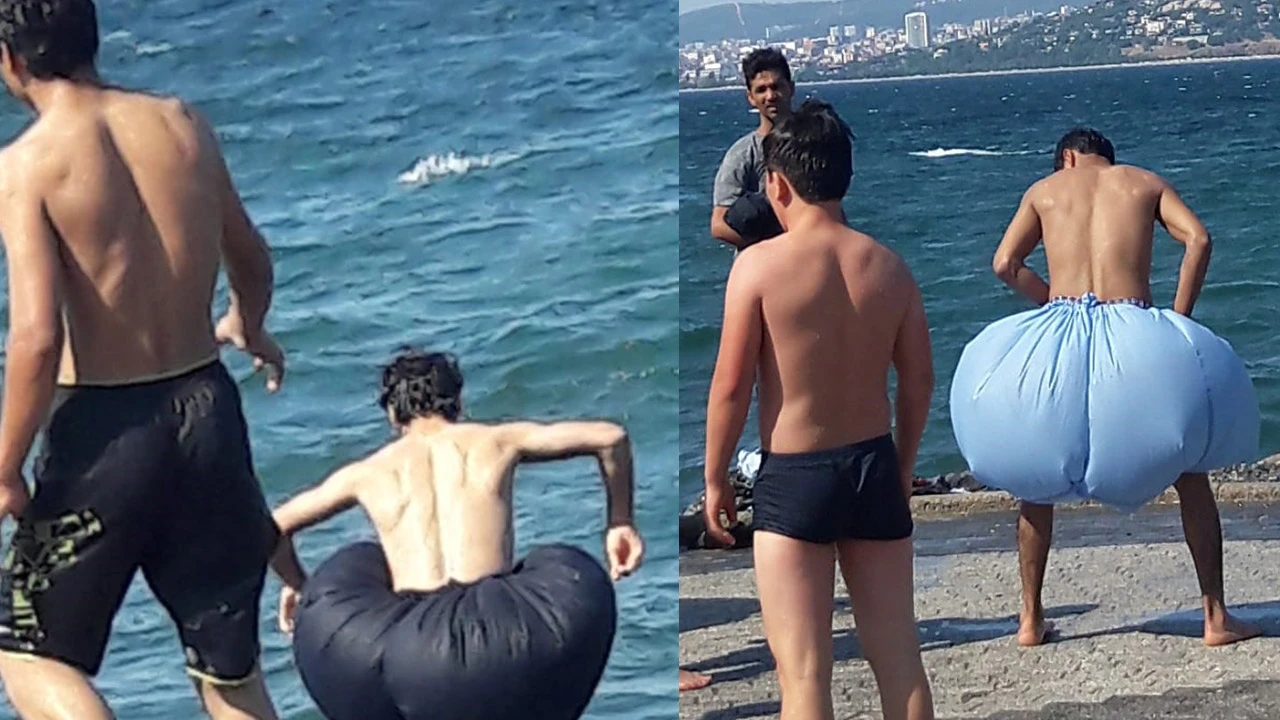 Büyükada'da şaşırtan görüntü: Naylon torba ile denize girdiler