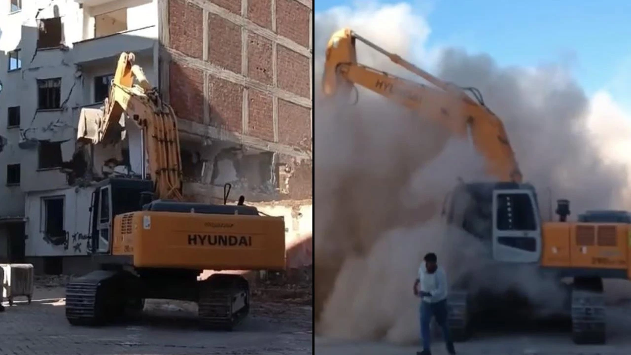 Ağır hasarlı bina tek dokunuşla yerle bir oldu