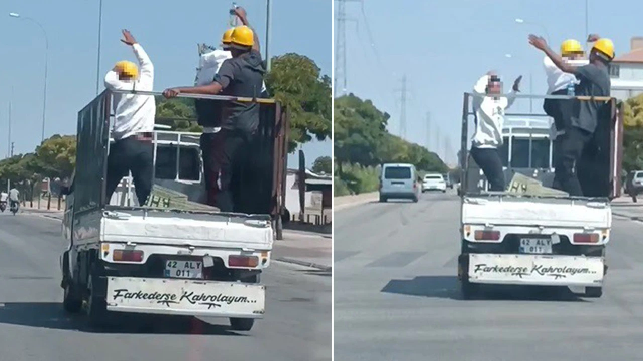 Sosyal medya seyir halindeki kamyonetin kasasında oyun oynayan baretli işçileri konuşuyor