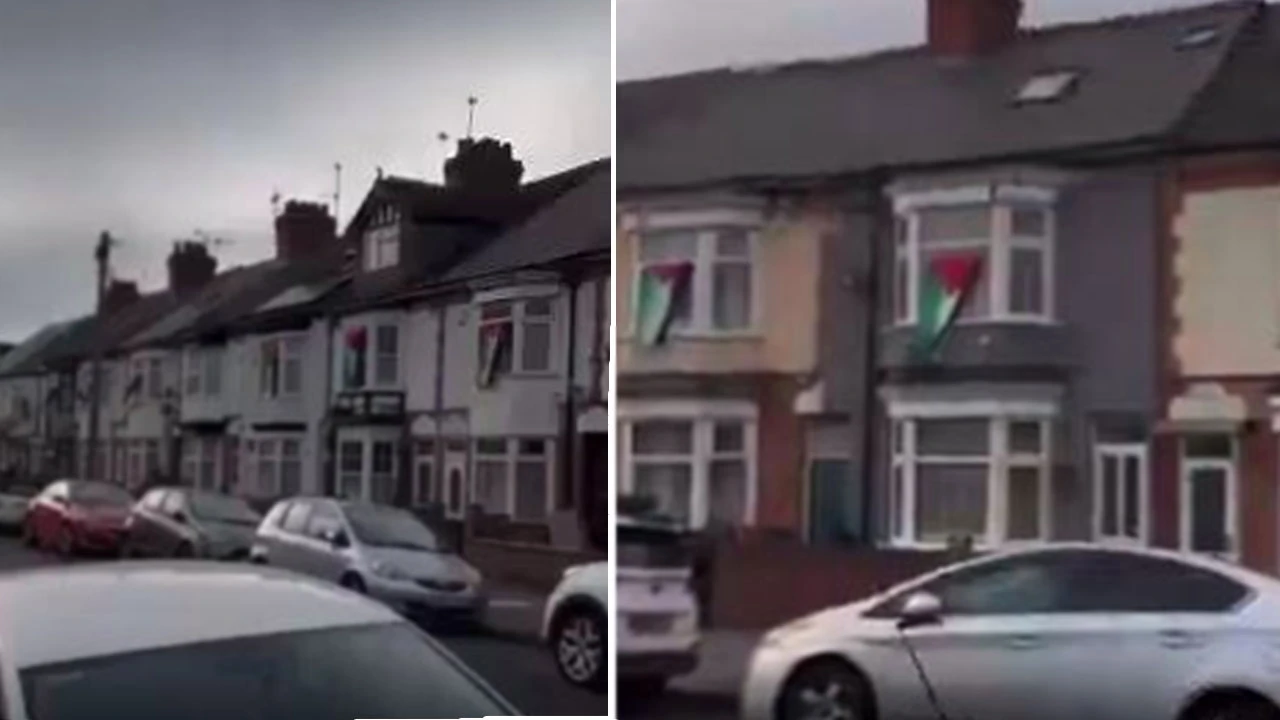 İngiltere'nin Leicester şehrinde İsrail protestosu Evlerine tek tek Filistin bayrağı astılar