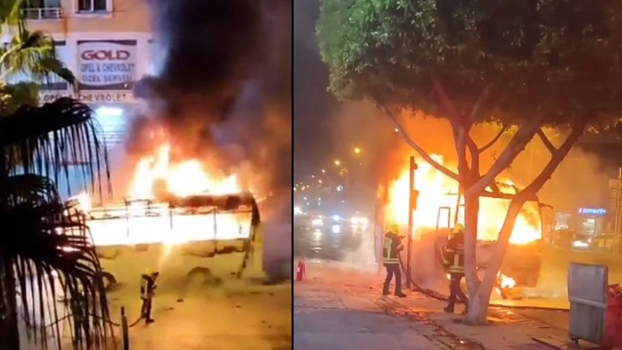Mersin'de korkutan yangın! Servis aracı alev topuna döndü