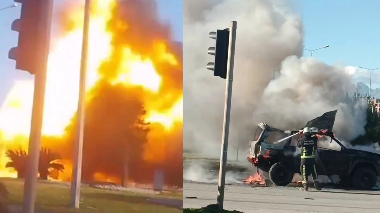 Alev alan otomobil bomba gibi patladı