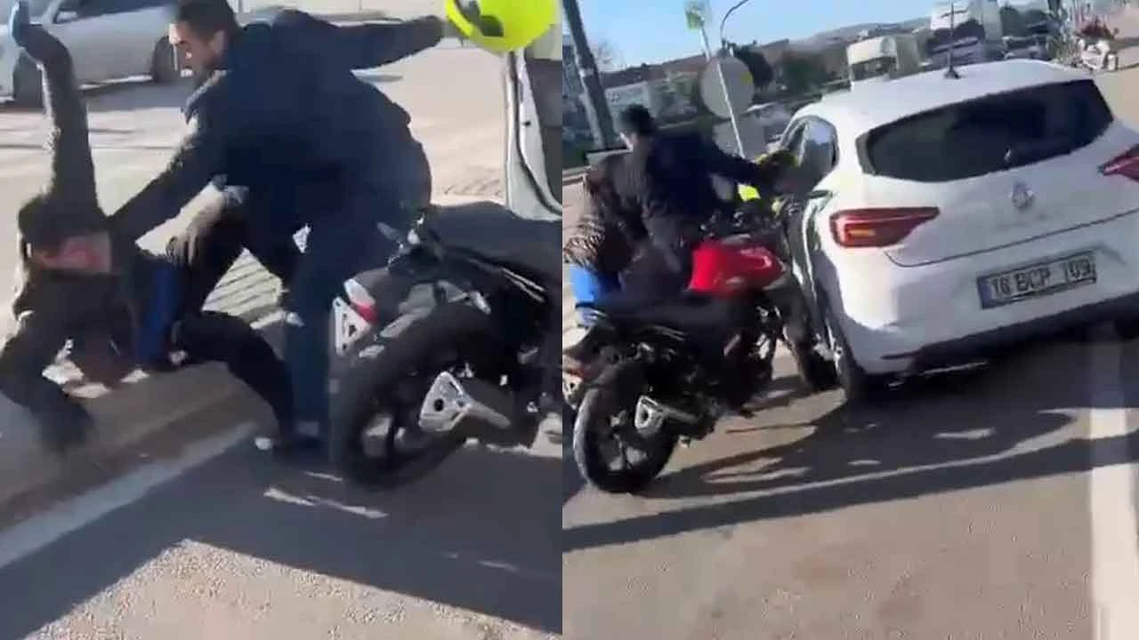 Motosiklet sürücüsünü kaskıyla dövdü! "Çocuğum arabada" diyerek vurdu