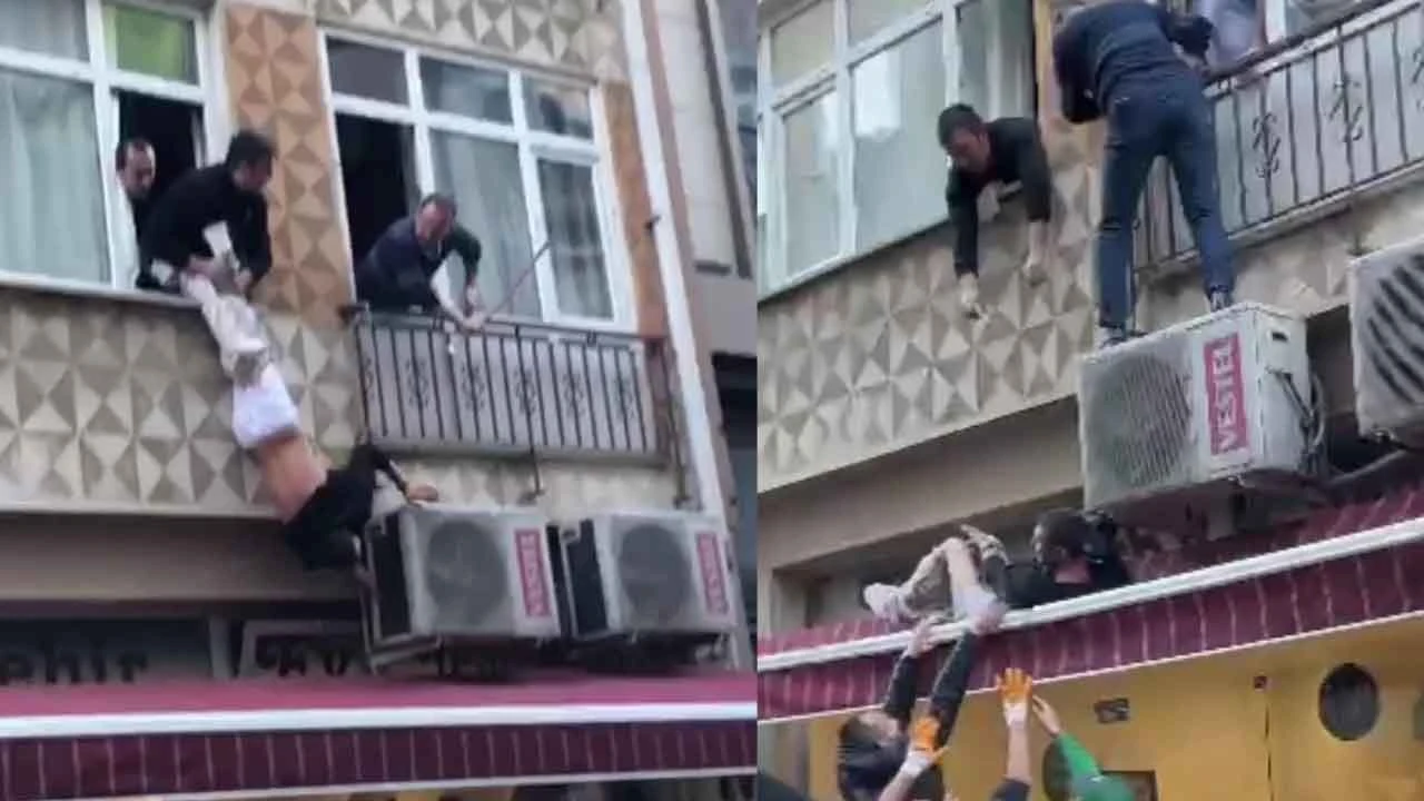 Elinde kelepçeyle camda ters asılı kaldı! O halde hem dayak yedi hem pantolonu çıktı