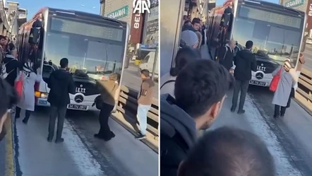 Öfkeli kadın metrobüsün önünü kesip şoförle tartıştı! O anlar kamerada - Gündem