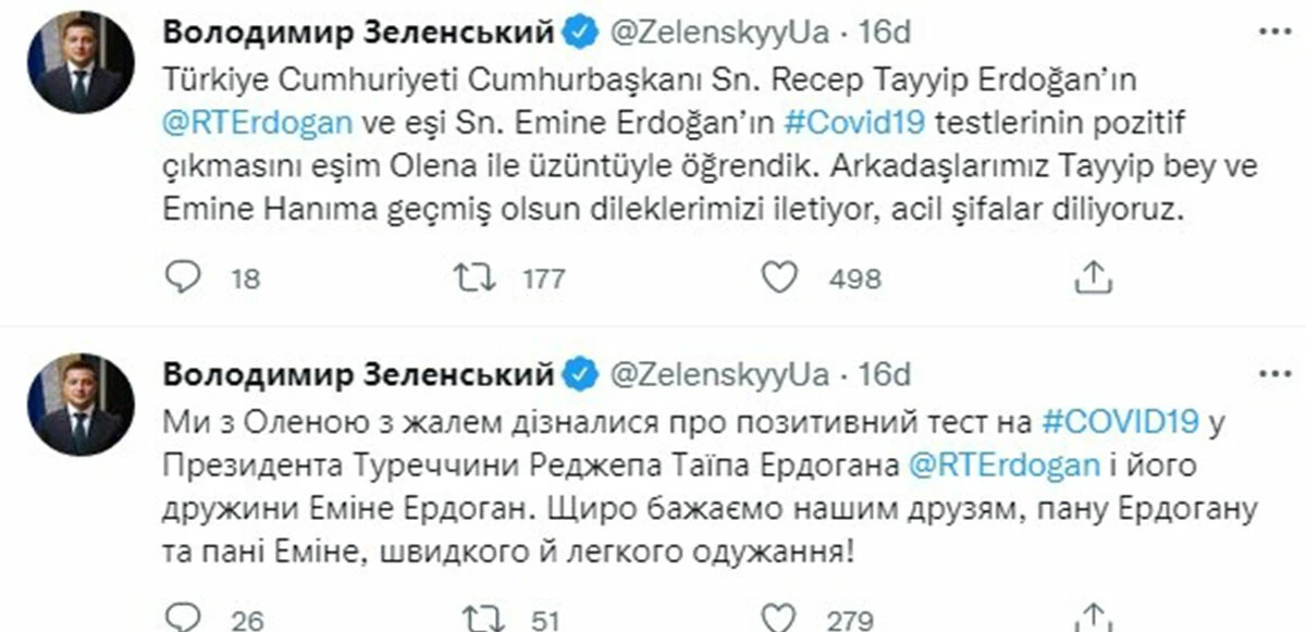 Ukrayna Devlet Başkanı Vladimir Zelenskiy'den Cumhurbaşkanı Erdoğan'a geçmiş olsun mesajı