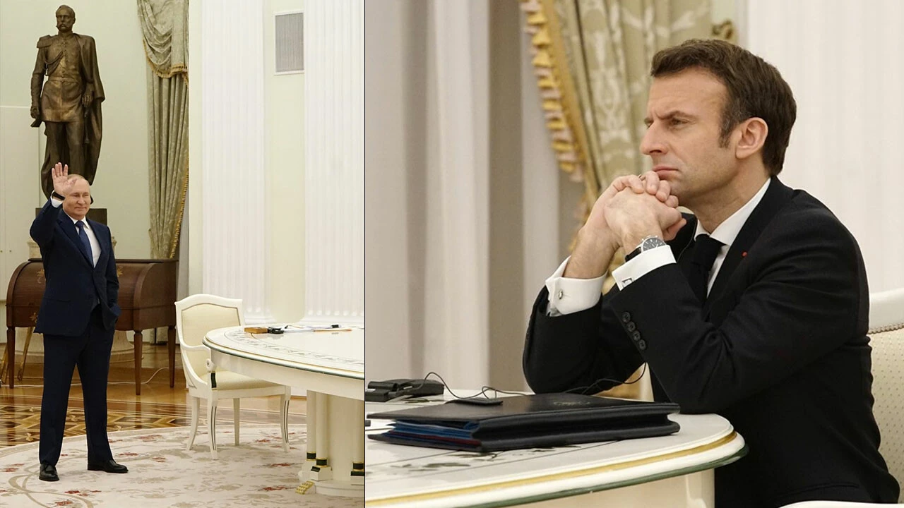 Kremlin'deki zirvede dikkat çeken kare: Putin Macron'u adeta ti'ye aldı