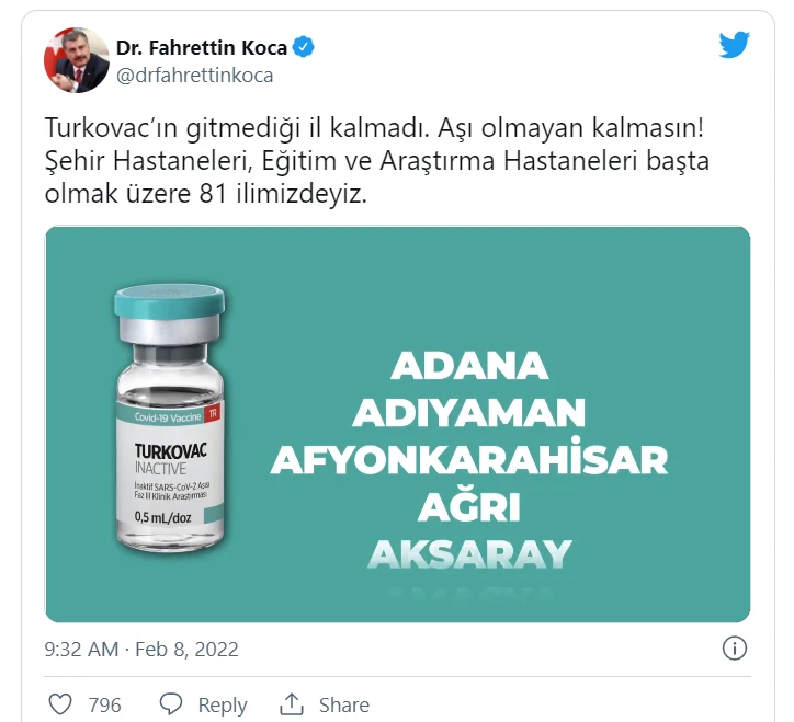 Bakan Koca: TURKOVAC 81 ilde uygulanmaya başladı