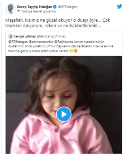Covid-19 testi pozitif çıkan Cumhurbaşkanı Erdoğan'dan vatandaşlara teşekkür