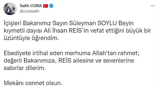 İçişleri Bakanı Süleyman Soylu'nun dayısı Ali İhsan Reis hayatını kaybetti