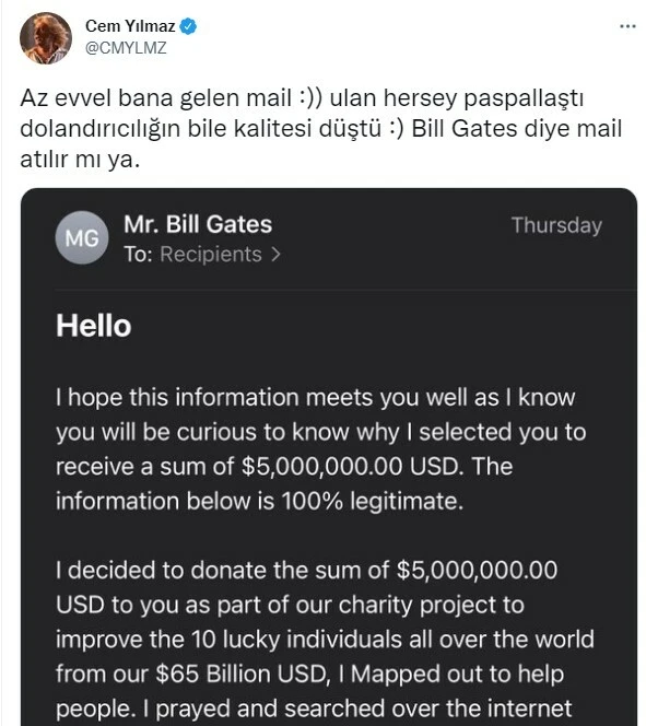Cem Yılmaz sahte Bill Gates maili ile gündem oldu