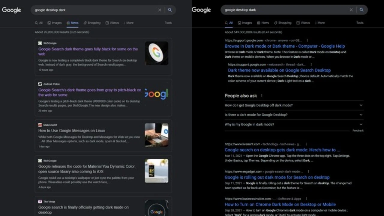 Google arama sayfası için yeni karanlık modu test ediyor