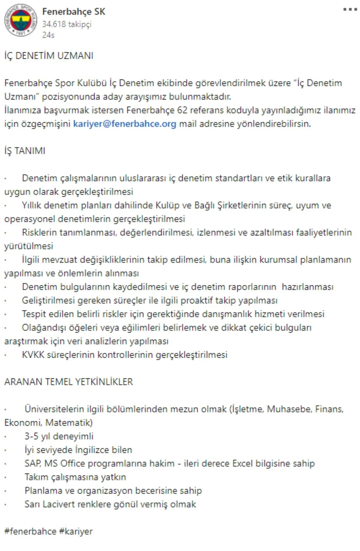 Fenerbahçe'den iş ilanı: Data analisti ve iç denetim uzmanı için aranan şartlar neler?