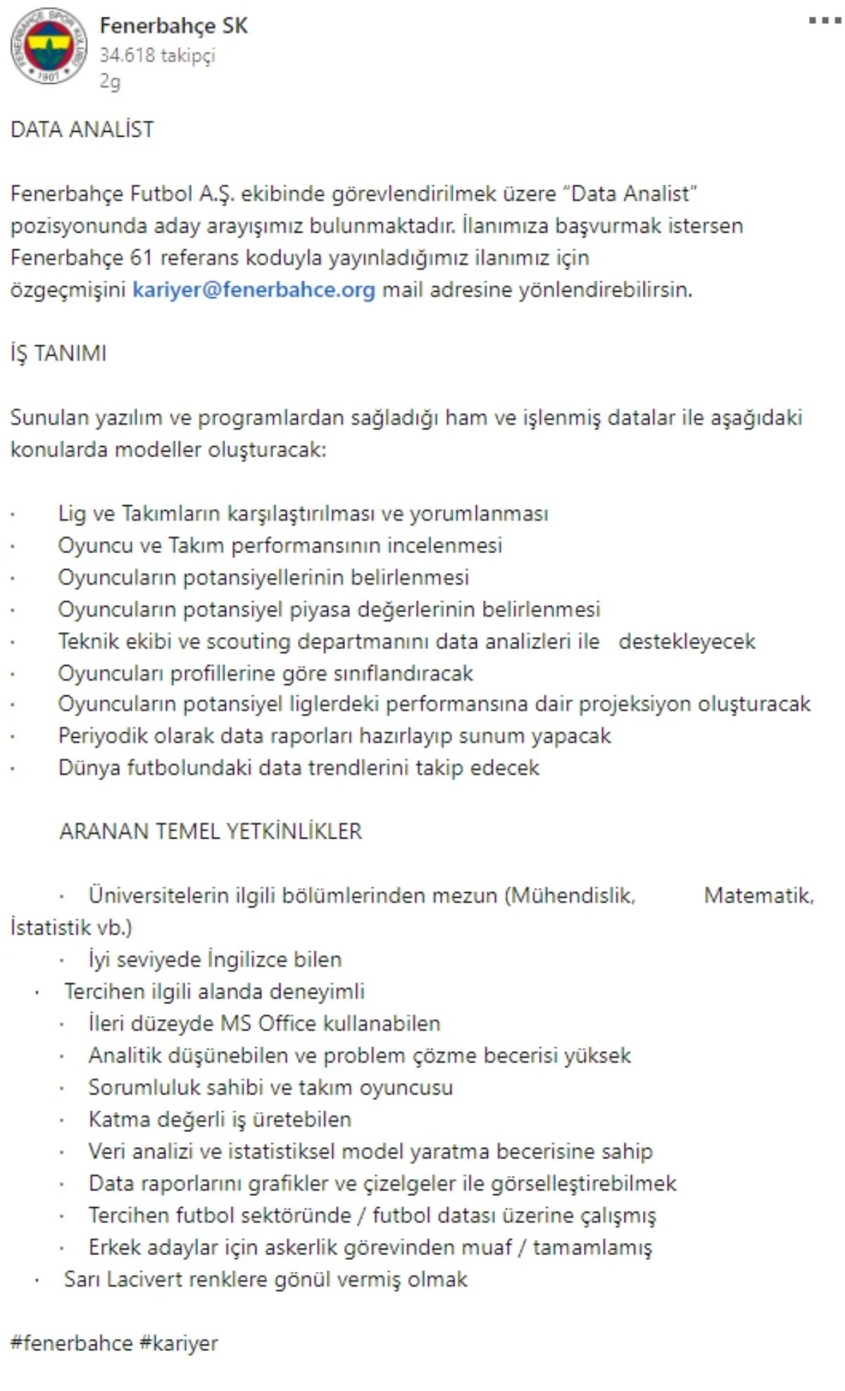 Fenerbahçe'den iş ilanı: Data analisti ve iç denetim uzmanı için aranan şartlar neler?