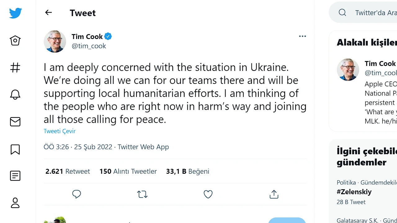 Apple CEO'su Tim Cook, Ukrayna durumuyla ilgili tweet attı