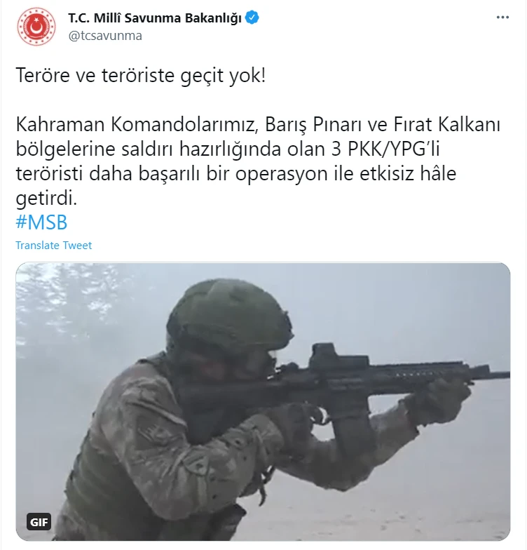 Barış Pınarı ve Fırat Kalkanı bölgelerinde 3 terörist etkisiz hale getirildi