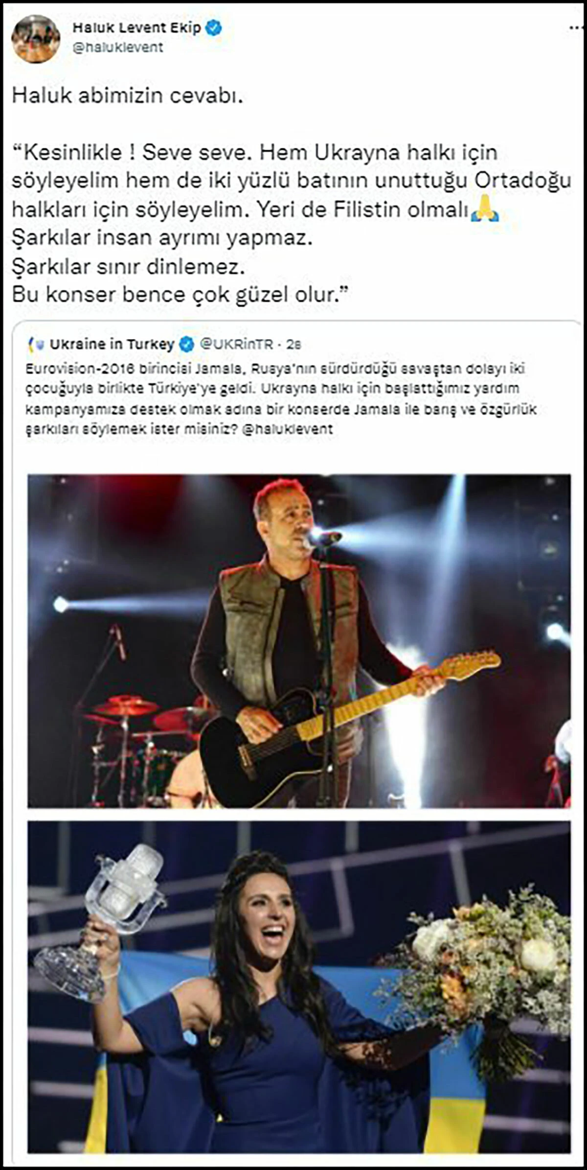 Ukrayna Büyükelçiliği’nin Haluk Levent’e konser teklifine ‘Filistin’li cevap