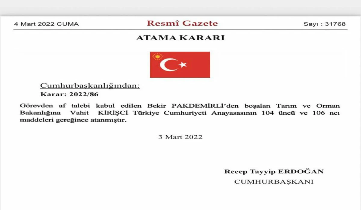 Son dakika: Tarım Bakanlığı'nda görev değişimi: Pakdemirli'nin yerine Vahit Kirişçi atandı
