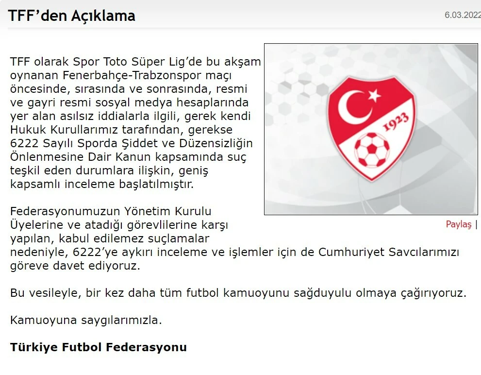 TFF'den Fenerbahçe'nin paylaşımlarına cevap! İnceleme başlatıldı...