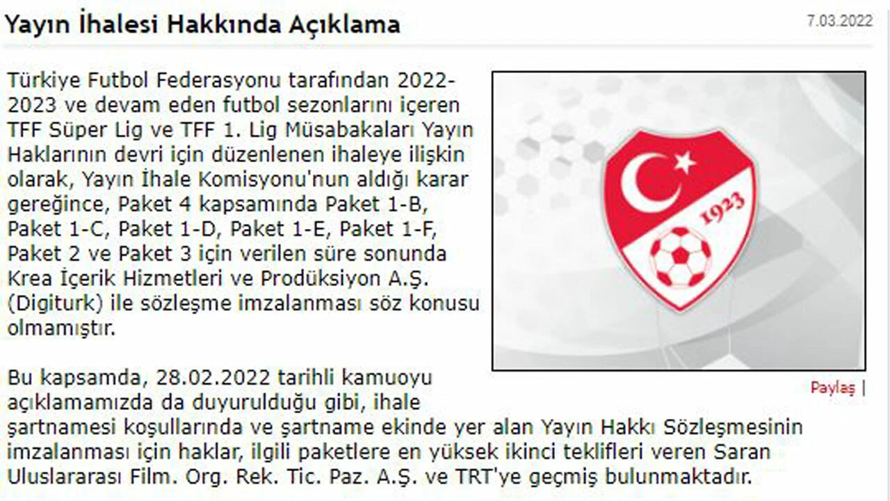 TFF'den yayın ihalesi açıklaması! Anlaşma sağlanamadı...