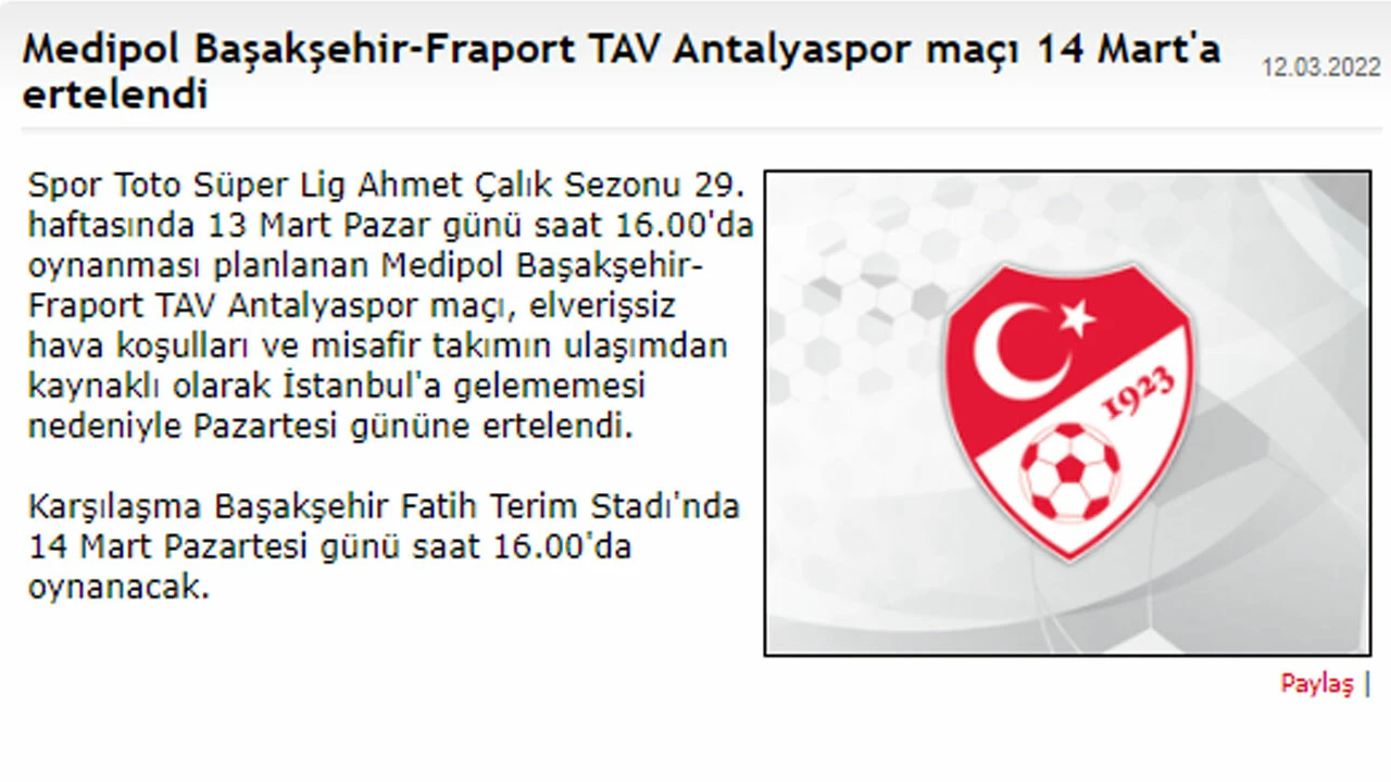Başakşehir-Antalyaspor maçı ertelendi!