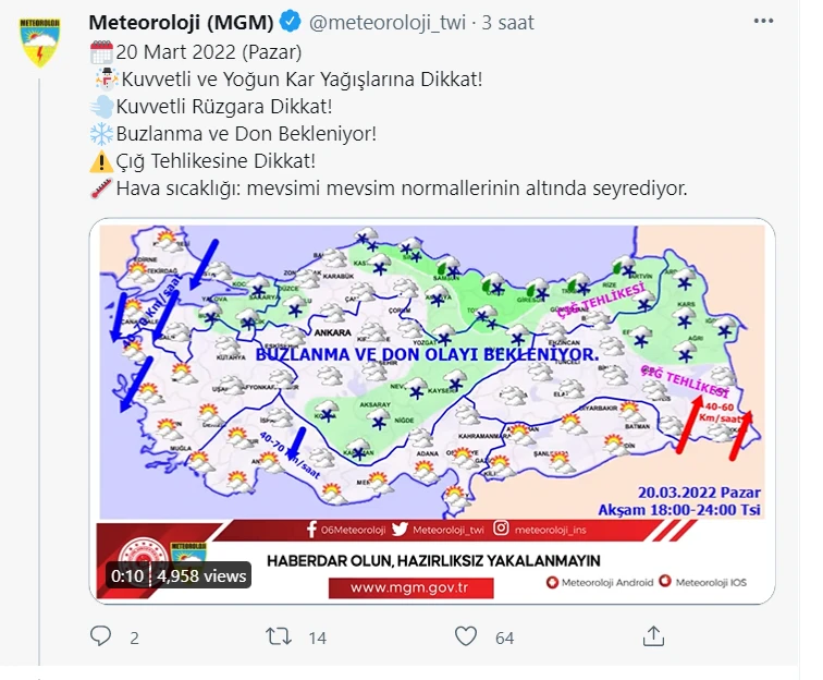 Meteoroloji'den 22 il için sarı ve turuncu kodlu uyarı (20 Mart hava durumu)