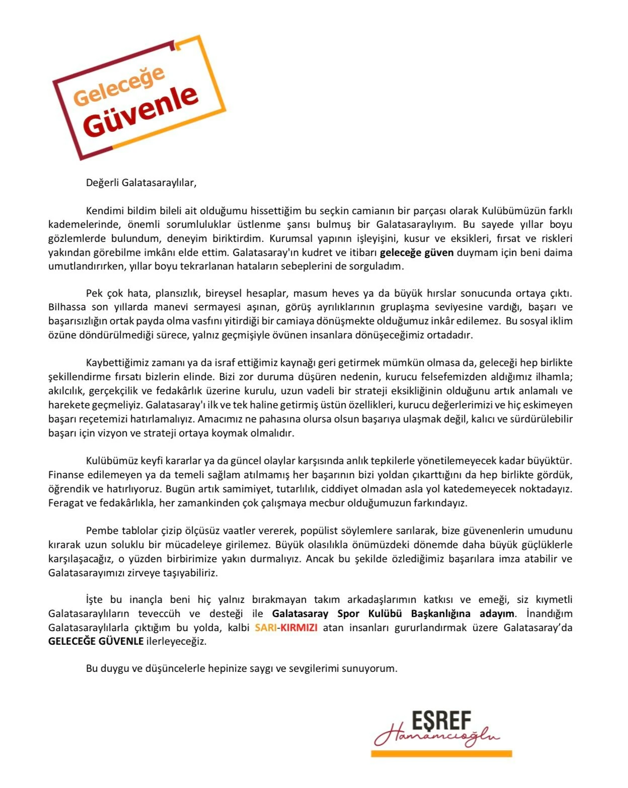 Eşref Hamamcıoğlu adaylığını açıkladı