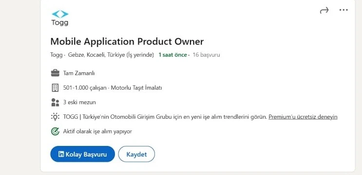 Togg’dan dikkat çeken iş ilanı: İki birime elaman alacak