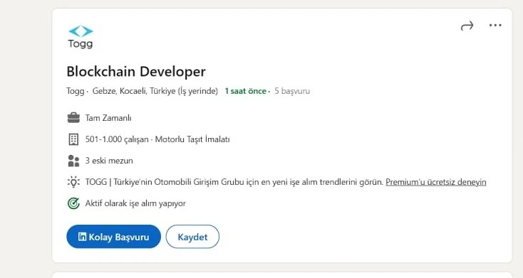 Togg’dan dikkat çeken iş ilanı: İki birime elaman alacak