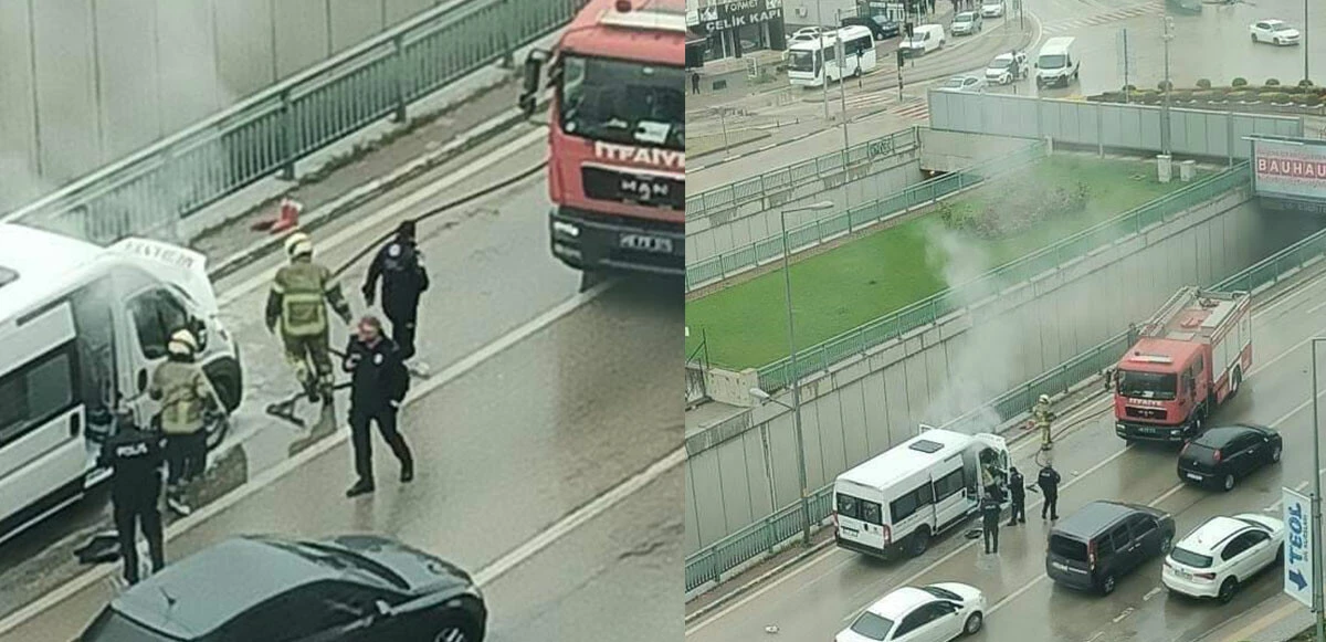 Bursa'da minibüs bilinmeyen sebeple alev aldı: İşçiler canını zor kurtardı