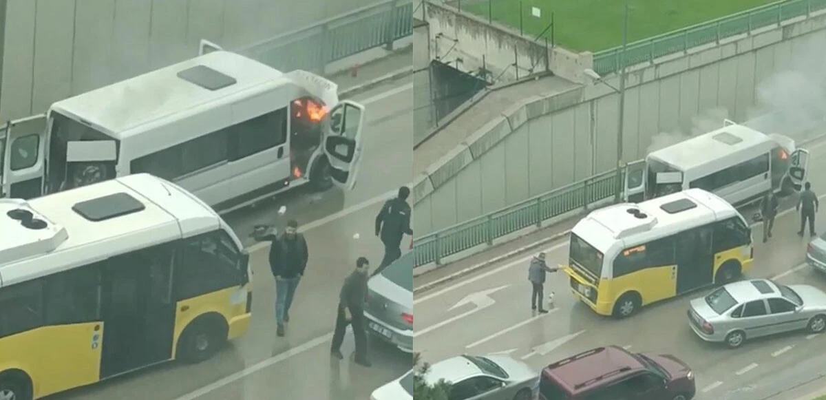 Bursa'da minibüs bilinmeyen sebeple alev aldı: İşçiler canını zor kurtardı