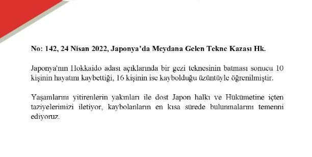 Dışişleri Bakanlığı'ndan Japonya'ya taziye mesajı
