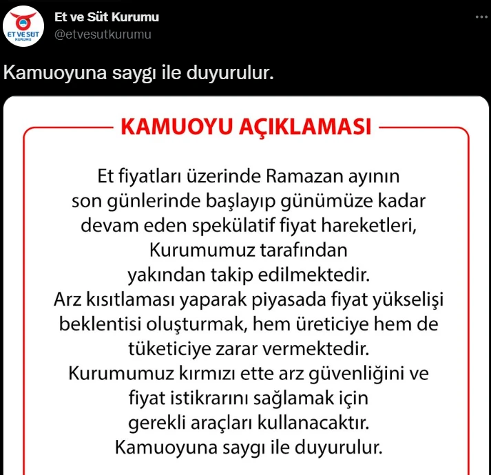 Son dakika! Et ve Süt Kurumu'ndan fiyat açıklaması: Spekülatif hareketleri takip ediyoruz