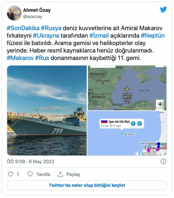 Ukrayna Moskova'nın ardından Amiral Makarov'u batırdı