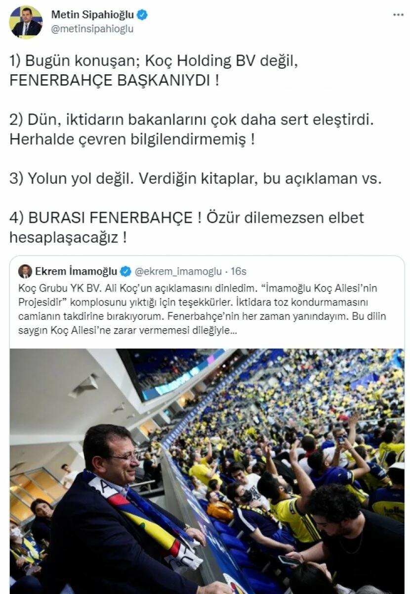 Fenerbahçeli Metin Sipahioğlu'ndan Ekrem İmamoğlu’na sert cevap: Sandıkta hesaplaşırız