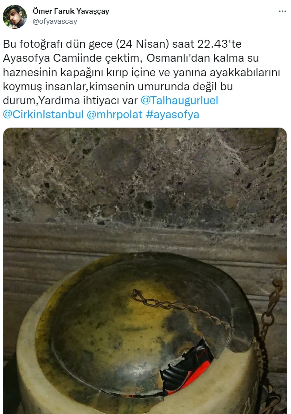 Ayasofya Camii’nde skandal görüntü: Osmanlı’dan kalma su haznesini ayakkabılık yaptılar