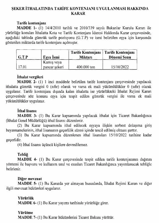 Son dakika! Şeker ithalatı için karar verildi! Resmi Gazete'de yayımlandı