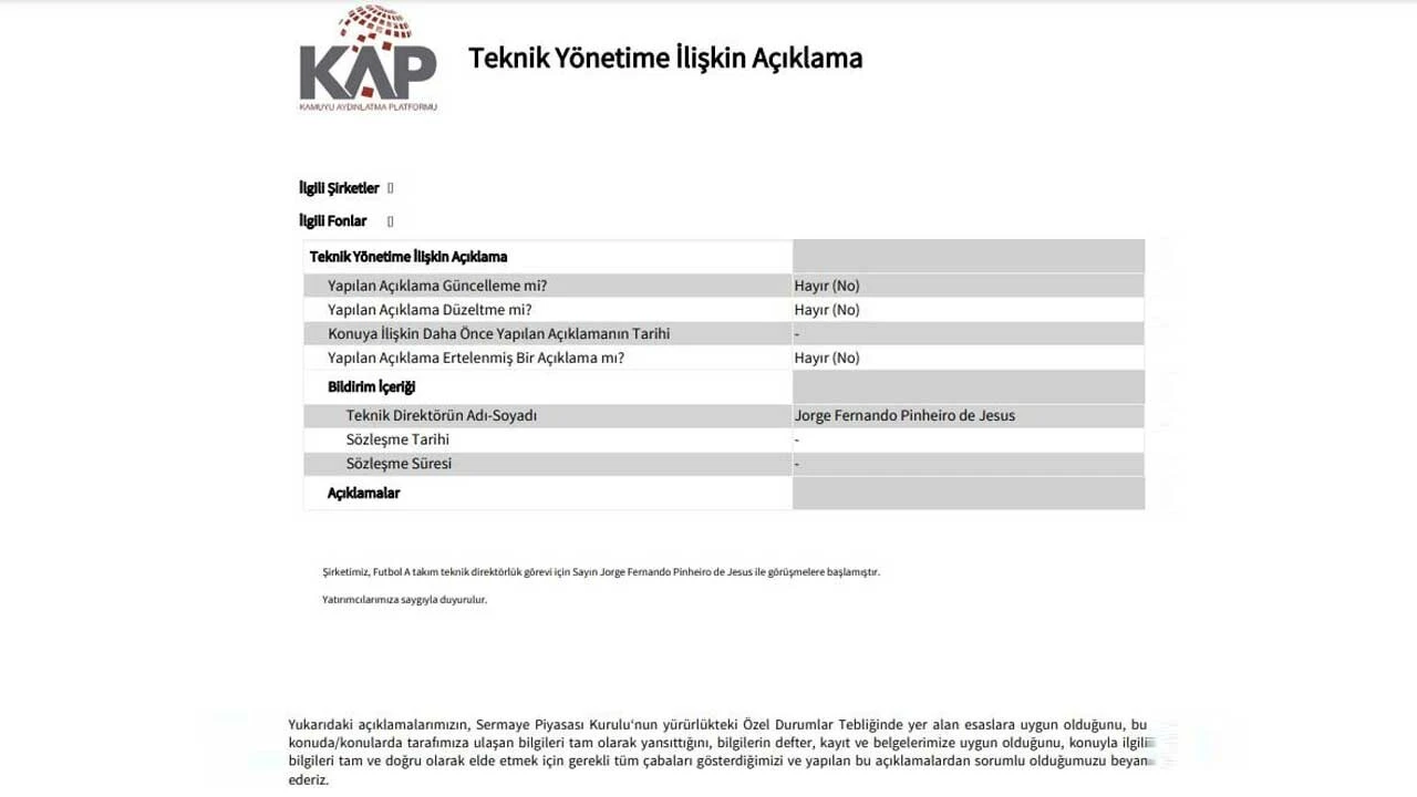 Fenerbahçe, Jorge Jesus'u KAP'a bildirdi!