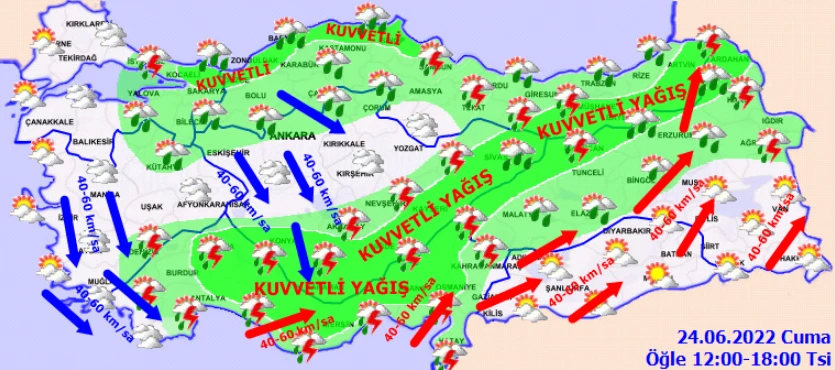 Yaz geldi, yağmur gitmedi! Meteoroloji’den 26 ile sarı ve turuncu kodlu uyarı: Sağanak kuvvetli vuracak (24 Haziran hava durumu)